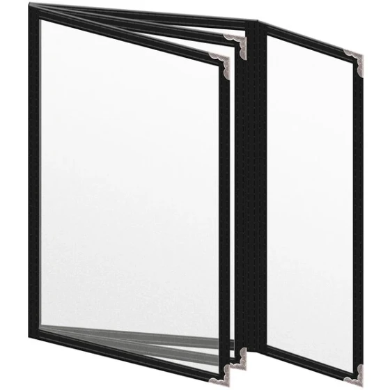 H. Risch, Inc. TETBQ Deluxe Sewn 5 1/2" x 8 1/2" Black 8 View Vinyl Menu Cover with Silver Decorative Corners and Matte Finish