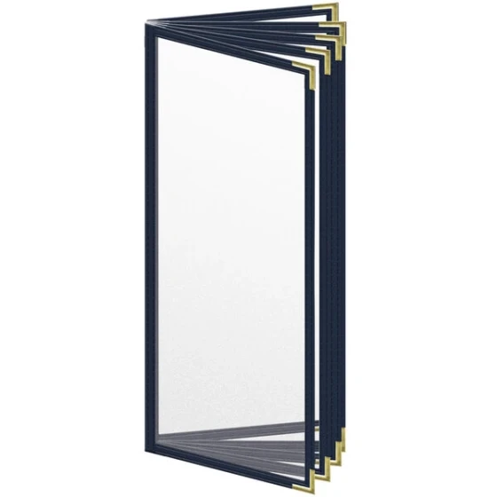 H. Risch, Inc. TE-10V Deluxe Sewn 4 1/4" x 11" Blue 10 View Vinyl Menu Cover with Gold Smooth Corners and Matte Finish
