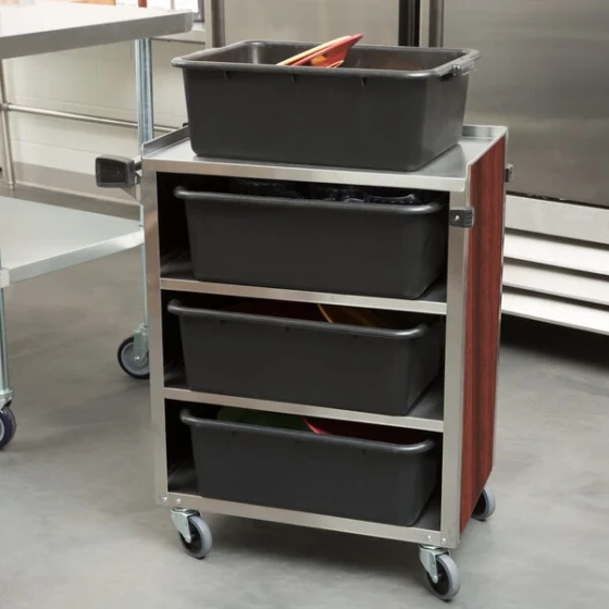 Lakeside 615RM 4 Shelf Standard Duty Stainless Steel Utility Cart with Enclosed Base and Red Maple Finish - 16 1/2" x 27 3/4" x 32 3/4"