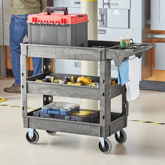 Lavex Medium Gray 3-Shelf Utility Cart with Premium Handle and Built-In Tool Compartments - 40 11/16" x 16 7/8" x 33 1/2"