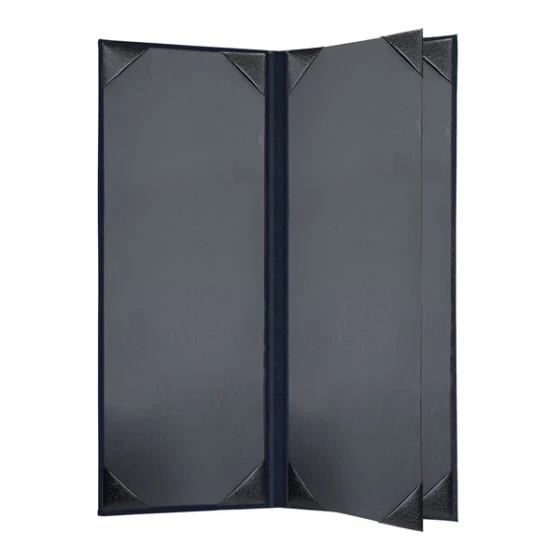 H. Risch, Inc. Oakmont 4 1/4" x 11" Blue 4-Panel Menu Cover with Album Style Corners