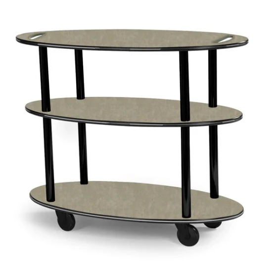 Geneva 36304-09 Oval 3 Shelf Laminate Table Side Service Cart with Handle Cutouts and Beige Suede Finish - 23" x 44" x 35 1/4
