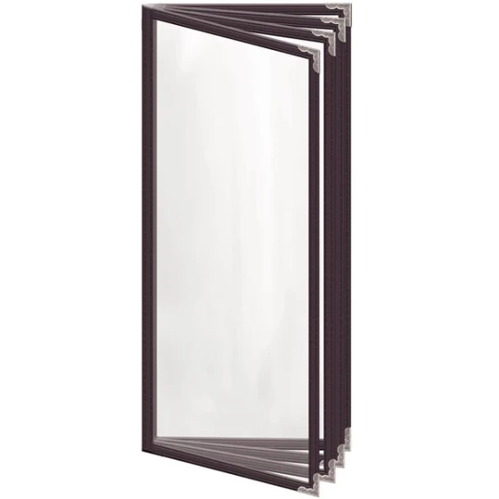 H. Risch, Inc. TEDD Deluxe Sewn 4 1/4" x 11" Brown 8 View Menu Cover with Silver Decorative Corners and Gloss Finish