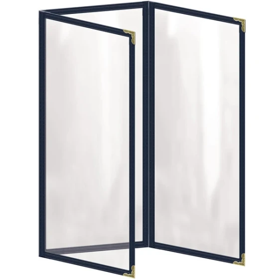 H. Risch, Inc. TET Deluxe Sewn 4 1/4" x 11" Blue 6 View Foldout Vinyl Menu Cover With Gold Decorative Corners and Gloss Finish
