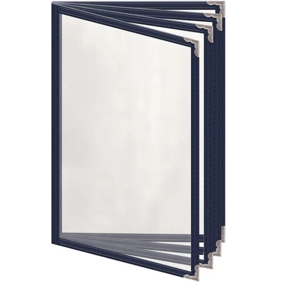 H. Risch, Inc. TEDD Deluxe Sewn 5 1/2" x 8 1/2" Blue 8 View Menu Cover with Silver Decorative Corners and Gloss Finish