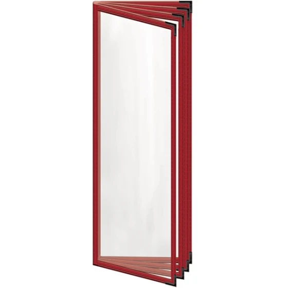 H. Risch, Inc. TEDD Deluxe Sewn 4 1/4" x 14" Red 8 View Menu Cover with Black Smooth Corners and Gloss Finish