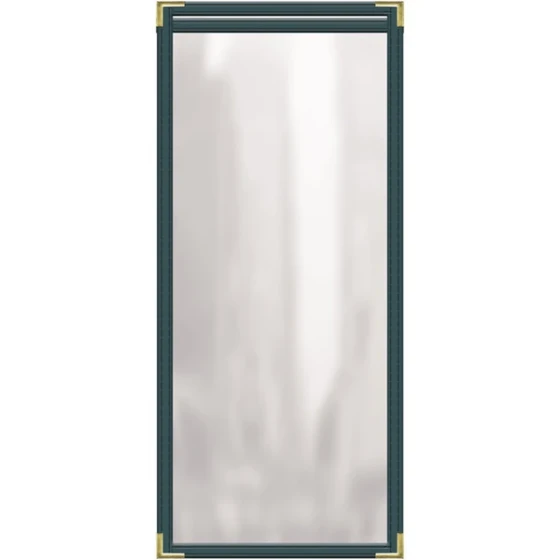 H. Risch, Inc. TES Deluxe Sewn 5 1/2" x 17" Green 2 View Vinyl Menu Cover with Gold Smooth Corners and Gloss Finish