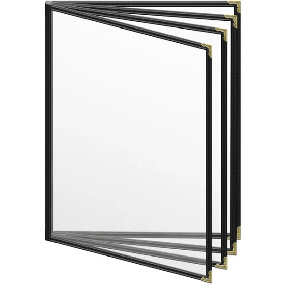 H. Risch, Inc. TEDD Deluxe Sewn 8 1/2" x 11" Black 8 View Menu Cover with Gold Decorative Corners and Matte Finish