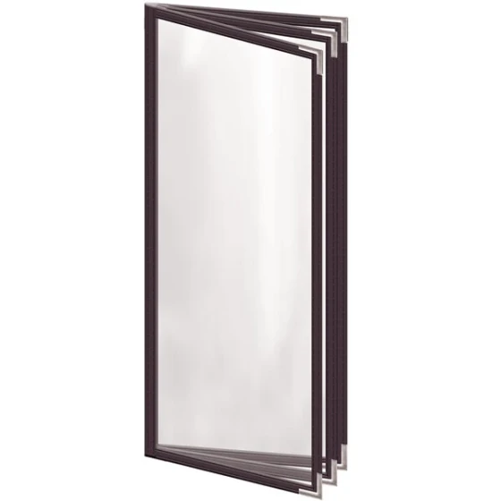 H. Risch, Inc. TETB Deluxe Sewn 4 1/4" x 11" Brown 6 View Vinyl Menu Cover with Silver Smooth Corners and Gloss Finish