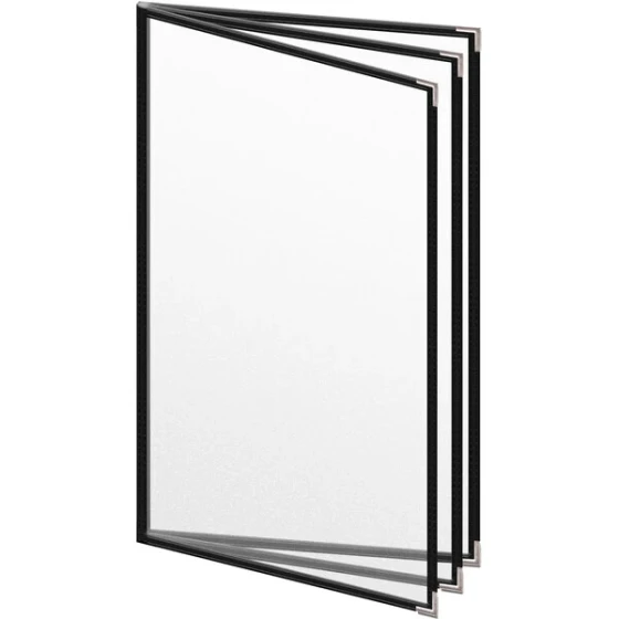 H. Risch, Inc. TETB Deluxe Sewn 8 1/2" x 14" Black 6 View Vinyl Menu Cover with Silver Smooth Corners and Matte Finish