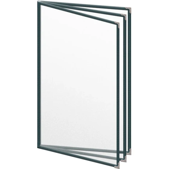 H. Risch, Inc. TETB Deluxe Sewn 8 1/2" x 14" Green 6 View Vinyl Menu Cover with Silver Decorative Corners and Matte Finish