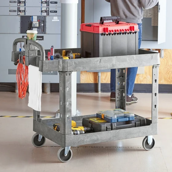 Lavex Large Gray 2-Shelf Utility Cart with Ergonomic Handle and Built-In Tool Compartments - 43 1/8" x 24 5/8" x 38 1/8"