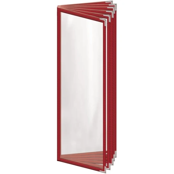 H. Risch, Inc. TE-12V Deluxe Sewn 4 1/4" x 14" Red 12 View Vinyl Menu Cover with Silver Smooth Corners and Gloss Finish