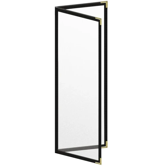 H. Risch, Inc. TED Deluxe Sewn 4 1/4" x 14" Black 4 View Menu Cover with Gold Smooth Corners and Matte Finish