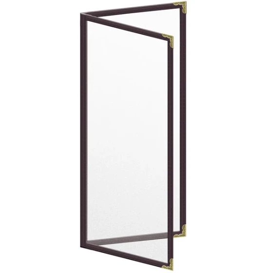 H. Risch, Inc. TED Deluxe Sewn 4 1/4" x 11" Brown 4 View Menu Cover with Gold Decorative Corners and Matte Finish