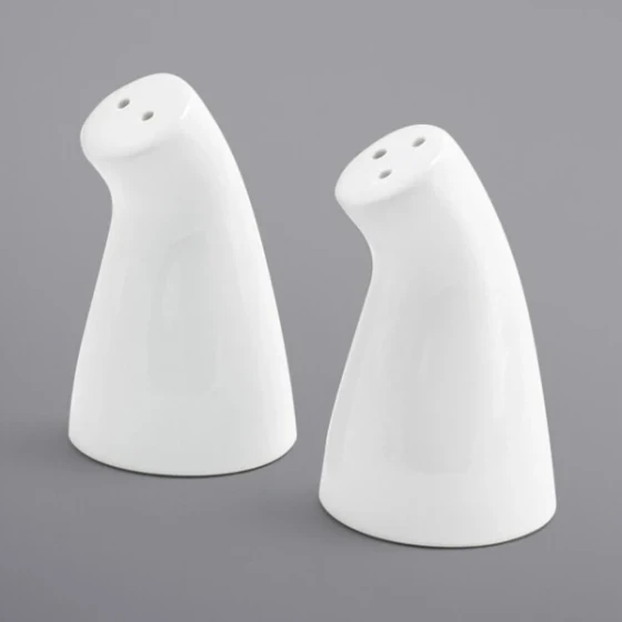 Front of the House 2 oz. White Porcelain Leaning Salt and Pepper Shaker Set - 12/Case