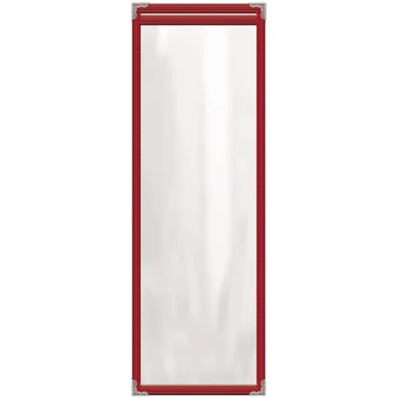H. Risch, Inc. TES Deluxe Sewn 4 1/4" x 14" Red 2 View Vinyl Menu Cover with Silver Decorative Corners and Gloss Finish