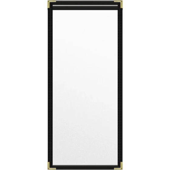 H. Risch, Inc. TES Deluxe Sewn 5 1/2" x 17" Black 2 View Vinyl Menu Cover with Gold Smooth Corners and Matte Finish