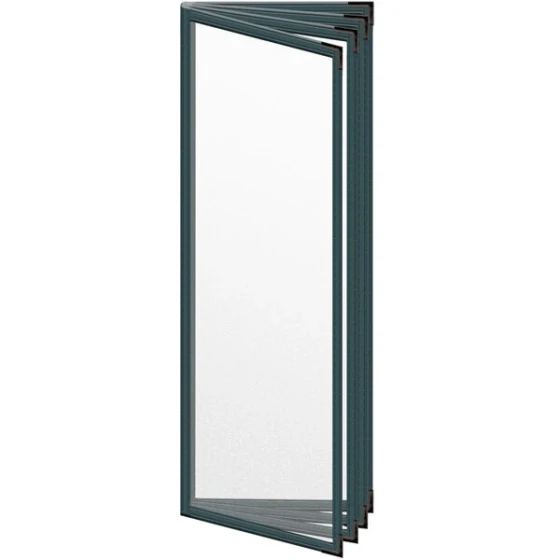 H. Risch, Inc. TEDD Deluxe Sewn 4 1/4" x 14" Green 8 View Menu Cover with Black Smooth Corners and Matte Finish