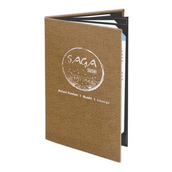 Menu Solutions WK160A Water Street Wicker 5 1/2" x 8 1/2" Customizable Quad Panel 6 View Booklet Menu Cover