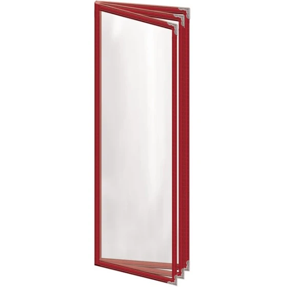 H. Risch, Inc. TETB Deluxe Sewn 4 1/4" x 14" Red 6 View Vinyl Menu Cover with Silver Decorative Corners and Gloss Finish