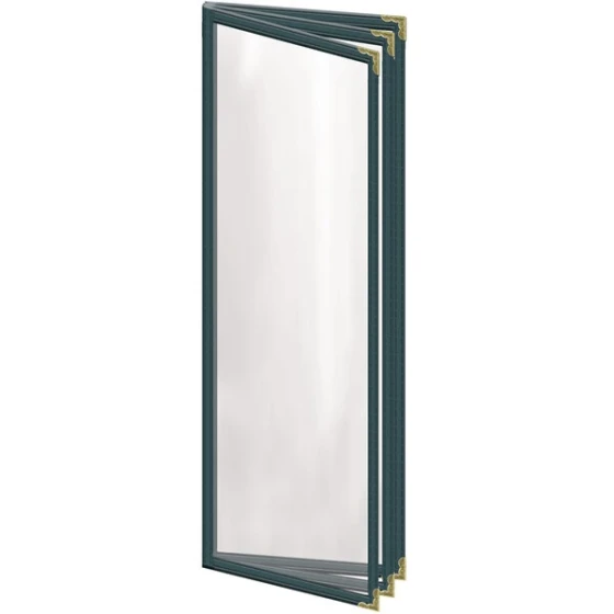 H. Risch, Inc. TETB Deluxe Sewn 4 1/4" x 14" Green 6 View Vinyl Menu Cover with Gold Decorative Corners and Gloss Finish