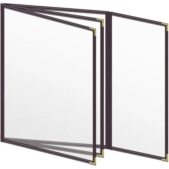 H. Risch, Inc. TETBQ Deluxe Sewn 8 1/2" x 11" Brown 8 View Vinyl Menu Cover with Gold Smooth Corners and Matte Finish