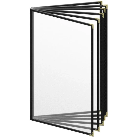 H. Risch, Inc. TE-12V Deluxe Sewn 8 1/2" x 14" Black 12 View Vinyl Menu Cover with Gold Decorative Corners and Matte Finish