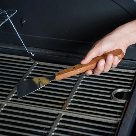 American Metalcraft SSC18 12" x 3" Stainless Steel Slanted Edge Grill Scraper with Long Wooden Handle