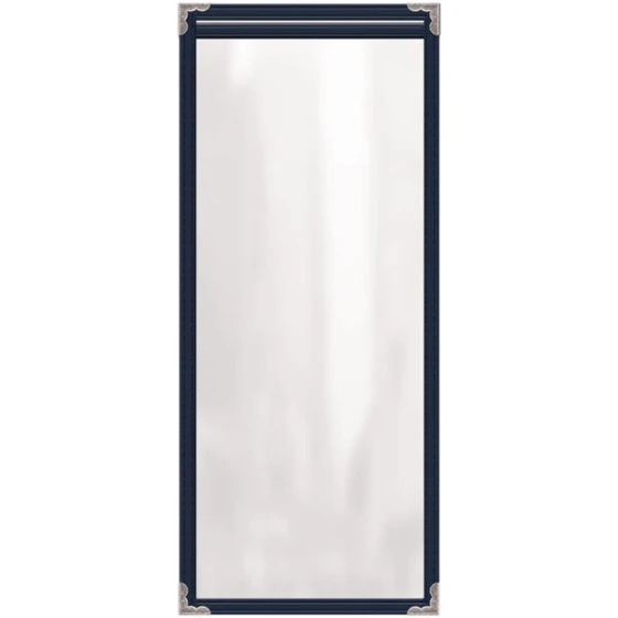 H. Risch, Inc. TES Deluxe Sewn 4 1/4" x 11" Blue 2 View Vinyl Menu Cover with Silver Decorative Corners and Gloss Finish