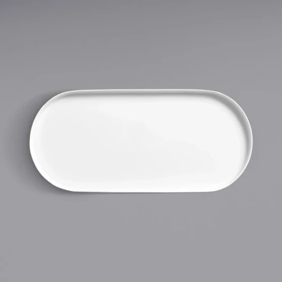 Luzerne Scandi by Oneida 1880 Hospitality SD1305035 13 3/4" x 6 1/2" Bright White Raised Rim Porcelain Oval Platter - 12/Case