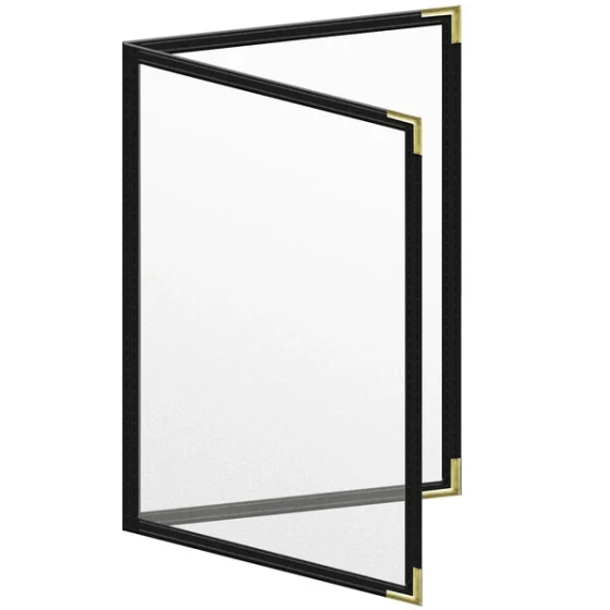H. Risch, Inc. TED Deluxe Sewn 5 1/2" x 8 1/2" Black 4 View Menu Cover with Gold Smooth Corners and Matte Finish