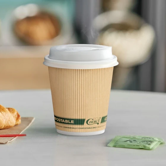 EcoChoice 10 oz. Sleeveless Ripple Kraft Paper Hot Cup and Lid - 100/Case
