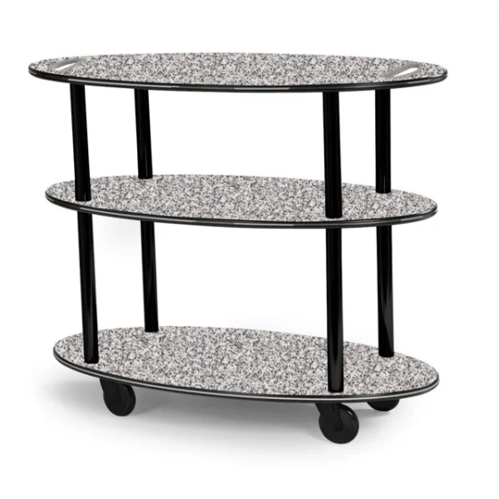 Geneva 36304-01 Oval 3 Shelf Laminate Table Side Service Cart with Handle Cutouts and Gray Sand Finish - 23" x 44" x 35 1/4