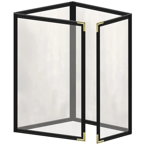 H. Risch, Inc. TETQ Deluxe Sewn 5 1/2" x 8 1/2" Black 8 View Foldout Vinyl Menu Cover with Gold Smooth Corners and Gloss Finish