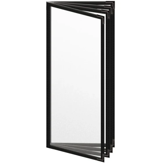 H. Risch, Inc. TEDD Deluxe Sewn 4 1/4" x 11" Black 8 View Menu Cover with Black Smooth Corners and Matte Finish