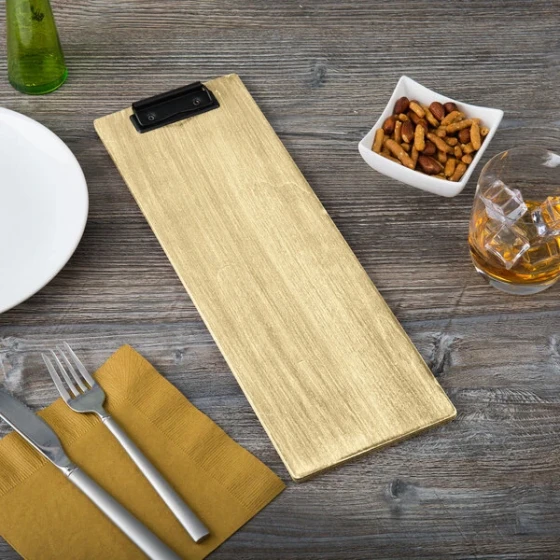 Menu Solutions WDCLIP-BD Natural 4 1/4" x 14" Customizable Wood Menu Clip Board