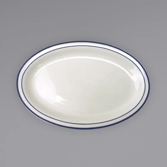 International Tableware Danube 9 3/4" x 7 1/2" Ivory (American White) Blue Speckled Narrow Rim Stoneware Platter with Blue Bands - 24/Case