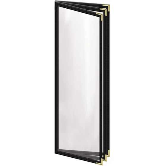 H. Risch, Inc. TETB Deluxe Sewn 4 1/4" x 14" Black 6 View Vinyl Menu Cover with Gold Smooth Corners and Gloss Finish