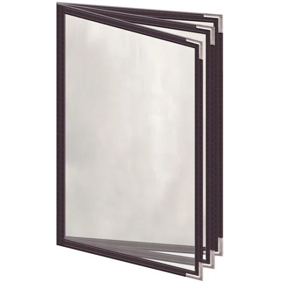 H. Risch, Inc. TETB Deluxe Sewn 5 1/2" x 8 1/2" Brown 6 View Vinyl Menu Cover with Silver Smooth Corners and Gloss Finish