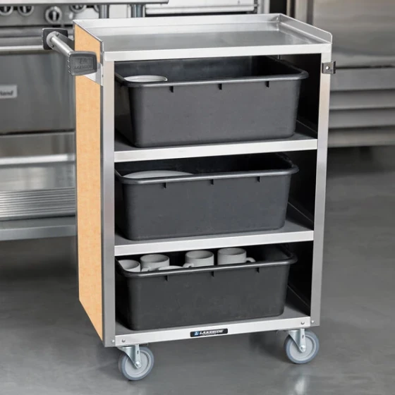 Lakeside 815HRM 4 Shelf Medium Duty Stainless Steel Utility Cart with Enclosed Base and Hard Rock Maple Finish - 16 7/8" x 28 1/4" x 37 1/2"