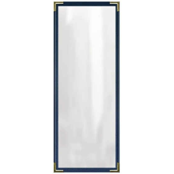 H. Risch, Inc. TED Deluxe Sewn 4 1/4" x 11" Blue 4 View Menu Cover with Gold Smooth Corners and Matte Finish