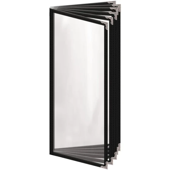 H. Risch, Inc. TE-12V Deluxe Sewn 4 1/4" x 11" Black 12 View Vinyl Menu Cover with Silver Decorative Corners and Gloss Finish