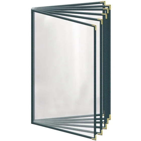 H. Risch, Inc. TE-12V Deluxe Sewn 8 1/2" x 14" Green 12 View Vinyl Menu Cover with Gold Smooth Corners and Gloss Finish
