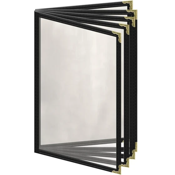 H. Risch, Inc. TE-10V Deluxe Sewn 5 1/2" x 8 1/2" Black 10 View Vinyl Menu Cover with Gold Decorative Corners and Gloss Finish