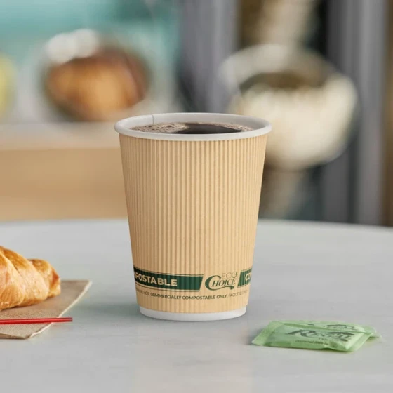EcoChoice 12 oz. Double Wall Ripple Kraft Compostable Paper Hot Cup - 25/Pack
