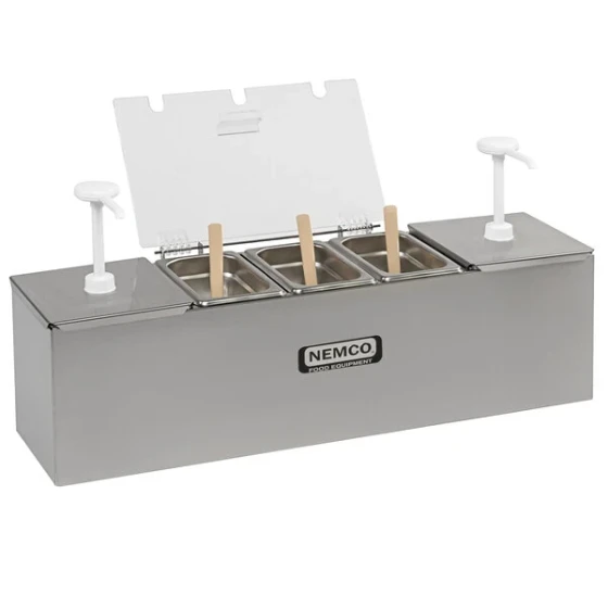 Nemco 88100-CB-2 26" Stainless Steel Condiment Bar with Two 3 Qt. Pumps and 1.1 Qt. Condiment Trays