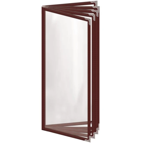 H. Risch, Inc. TE-10V Deluxe Sewn 4 1/4" x 11" Maroon 10 View Vinyl Menu Cover with Silver Decorative Corners and Gloss Finish