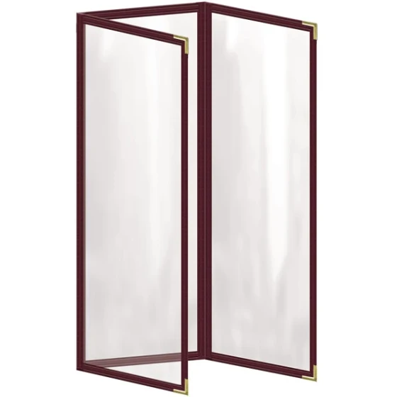 H. Risch, Inc. TET Deluxe Sewn 4 1/4" x 14" Maroon 6 View Foldout Vinyl Menu Cover With Gold Smooth Corners and Gloss Finish