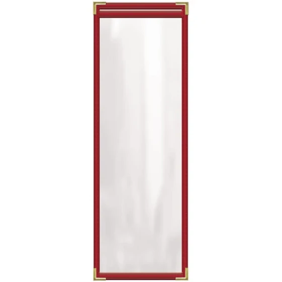 H. Risch, Inc. TES Deluxe Sewn 4 1/4" x 14" Red 2 View Vinyl Menu Cover with Gold Smooth Corners and Gloss Finish